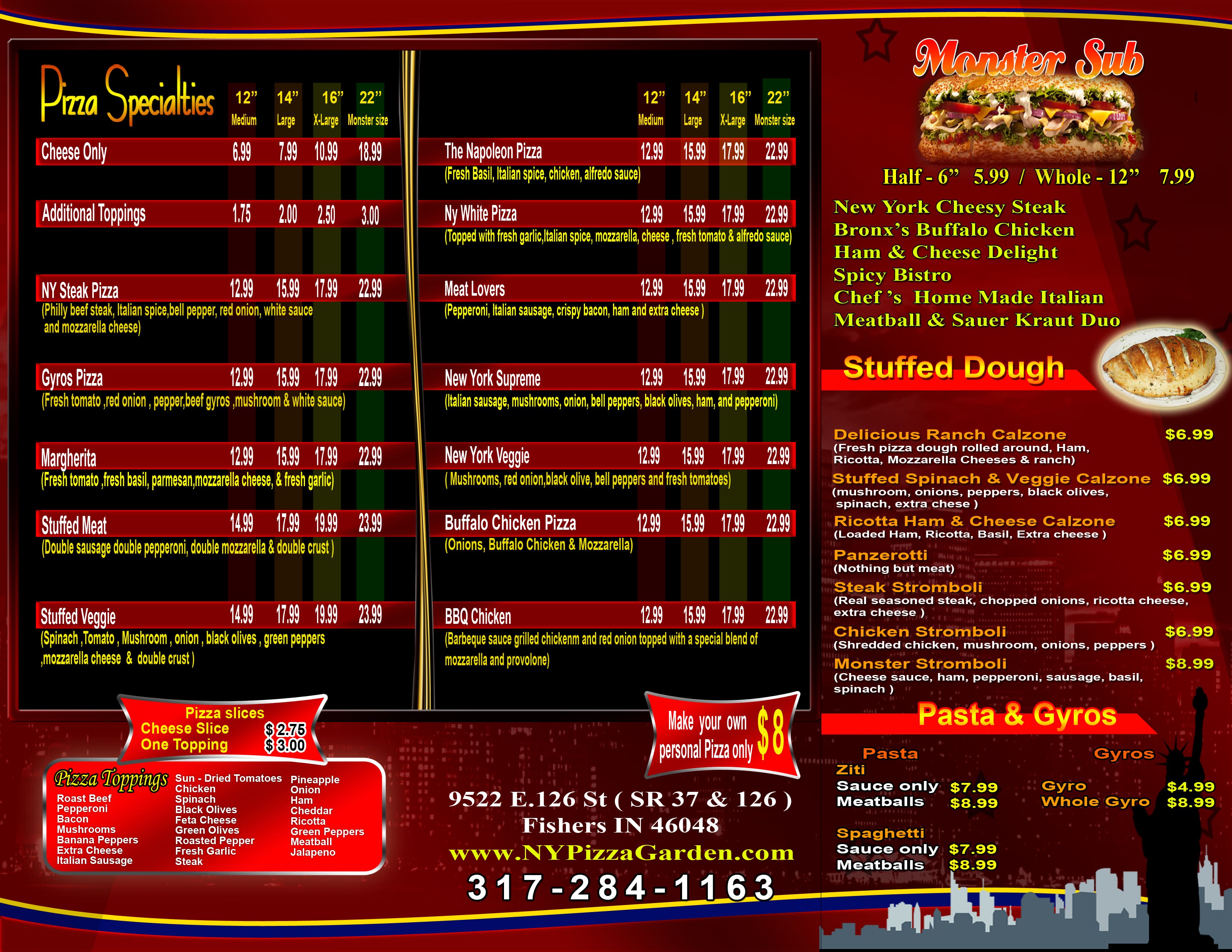 Menu at New York Pizza Garden pizzeria, Fishers