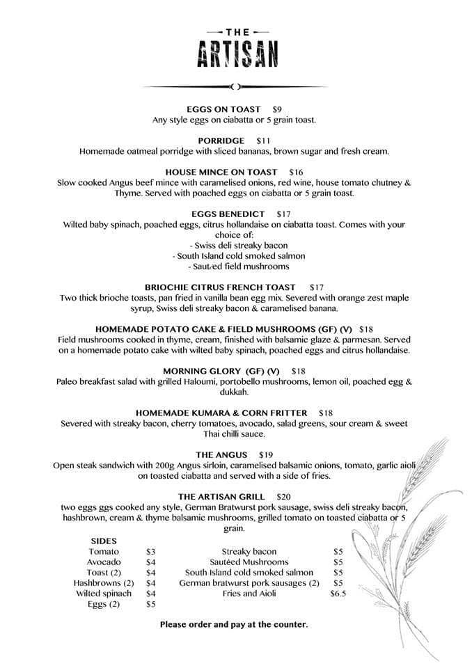 The Artisan Menu, Menu for The Artisan, Wiri, Auckland Menumania/Zomato