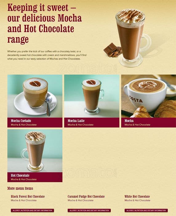 Costa Coffee menu
