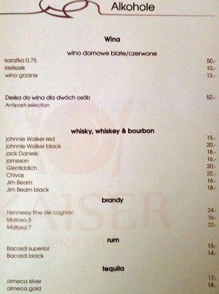 Menu at Kaiser restaurant, Warsaw