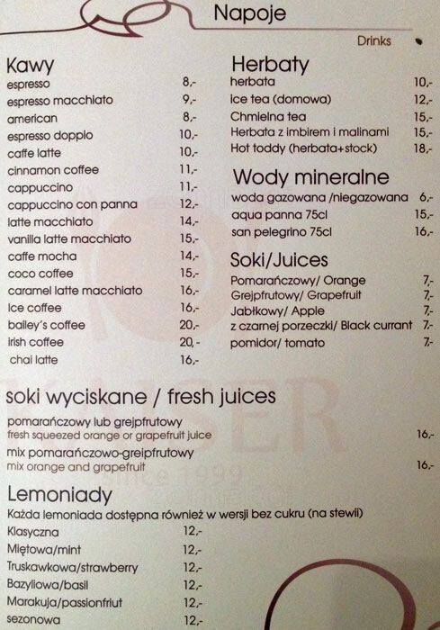 Menu at Kaiser restaurant, Warsaw