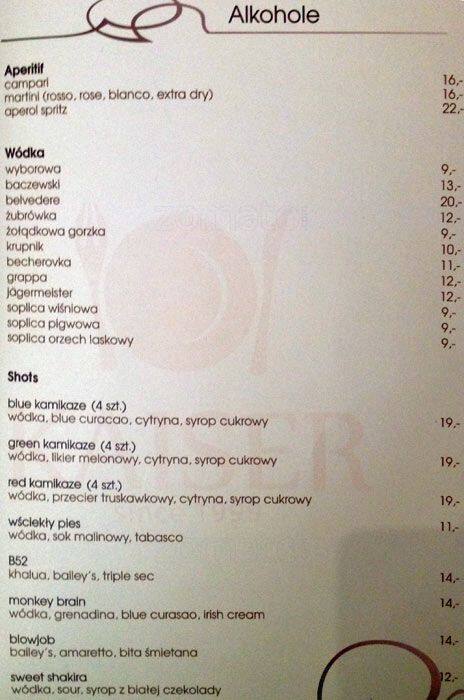 Menu at Kaiser restaurant, Warsaw