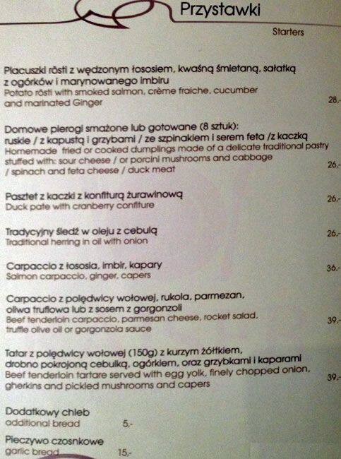 Menu at Kaiser restaurant, Warsaw