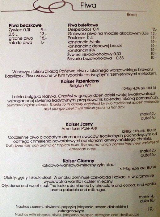 Menu at Kaiser restaurant, Warsaw