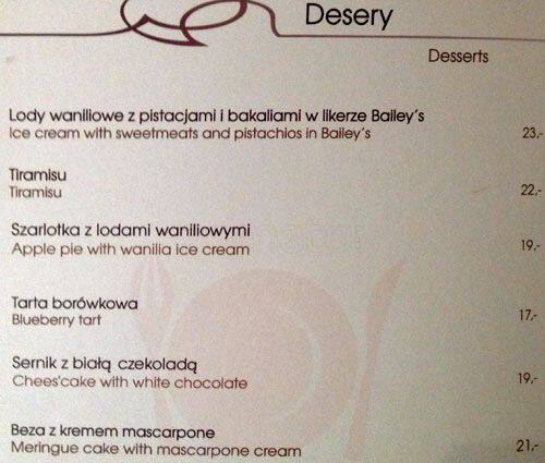 Menu at Kaiser restaurant, Warsaw