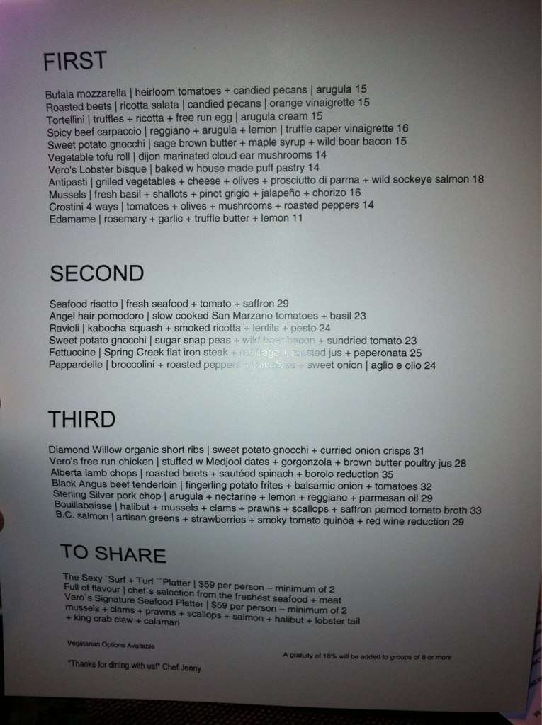 Vero Bistro Moderne Menu, Menu for Vero Bistro Moderne, Kensington