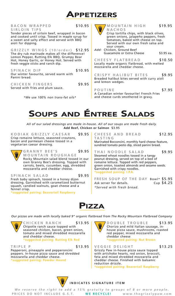The Grizzly Paw Menu, Menu for The Grizzly Paw, Canmore, Canmore