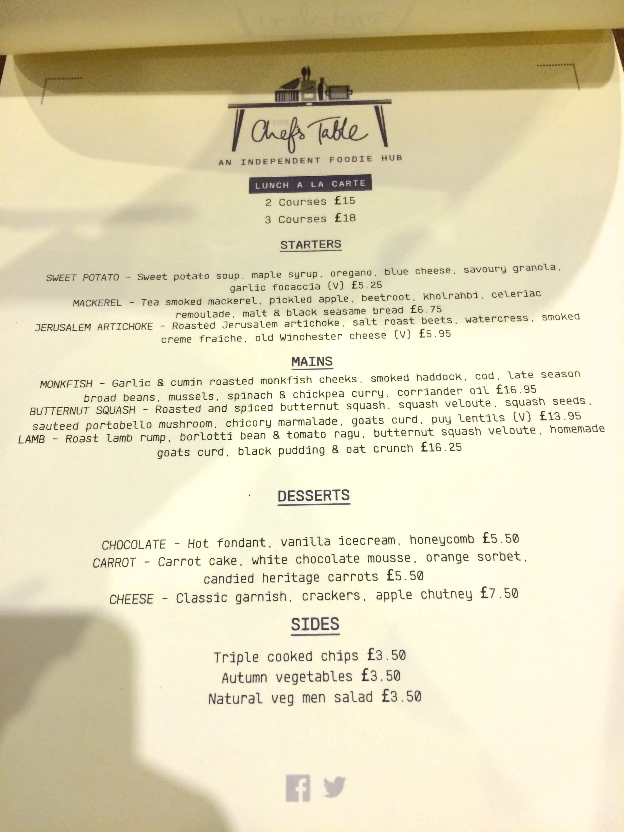 Menu at Chef's Table restaurant, Chester