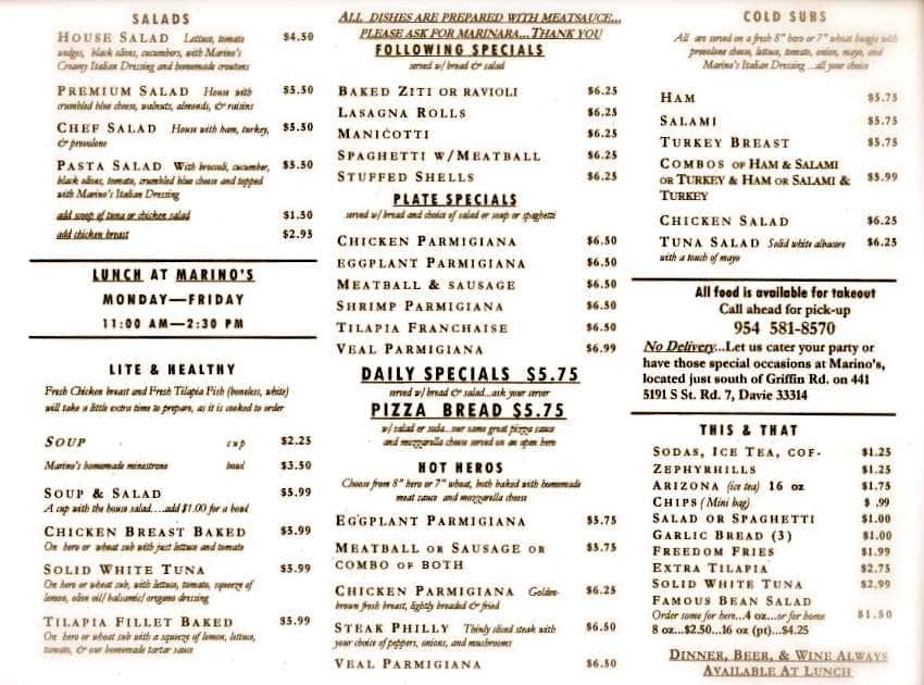 Marino's Italian Restaurant Menu Urbanspoon/Zomato