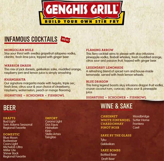 Menu at Genghis Grill restaurant, Arlington, 5 Points Blvd