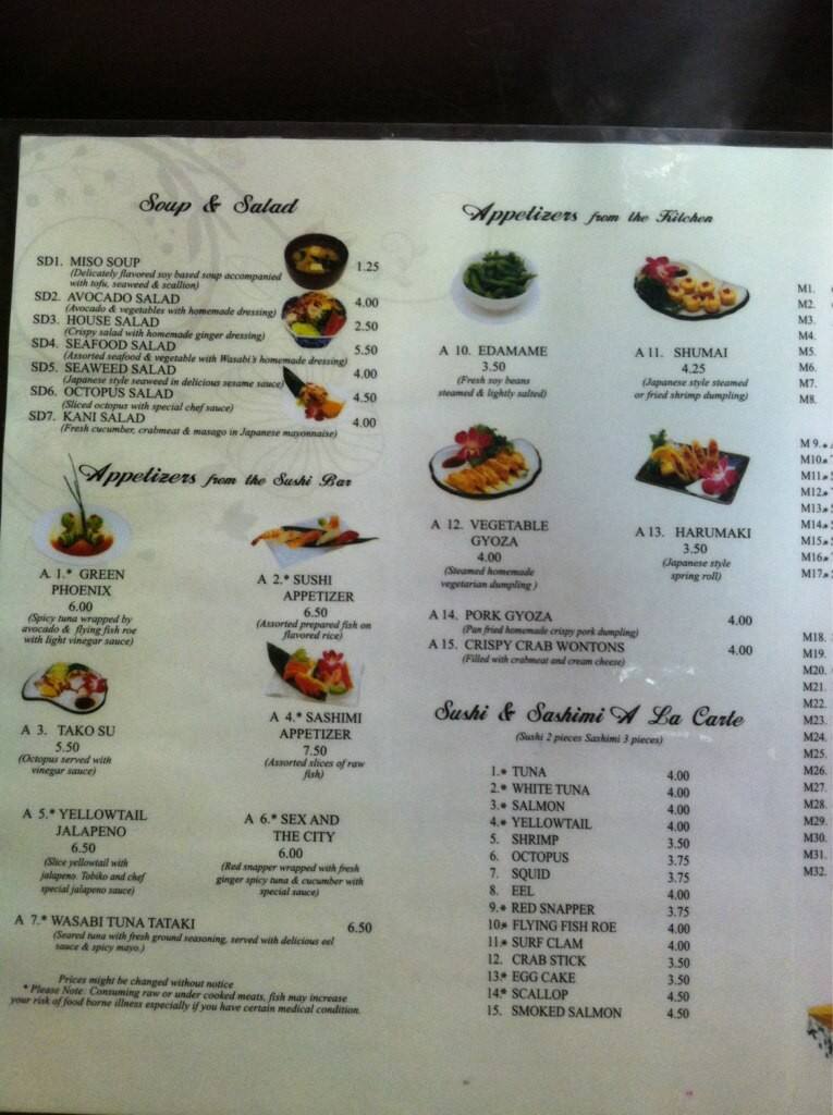 Menu at Wasabi restaurant, Elyria