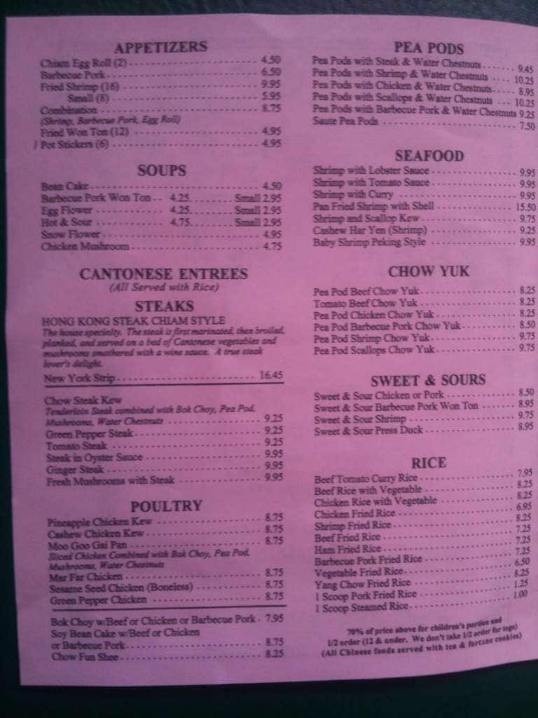 Menu at Chiam Restaurant, Portland