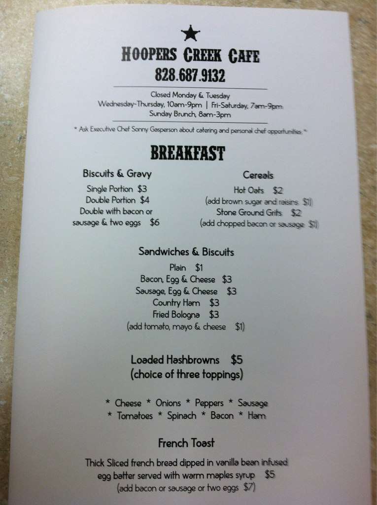 Hoopers Creek Cafe Menu, Menu for Hoopers Creek Cafe, Fletcher