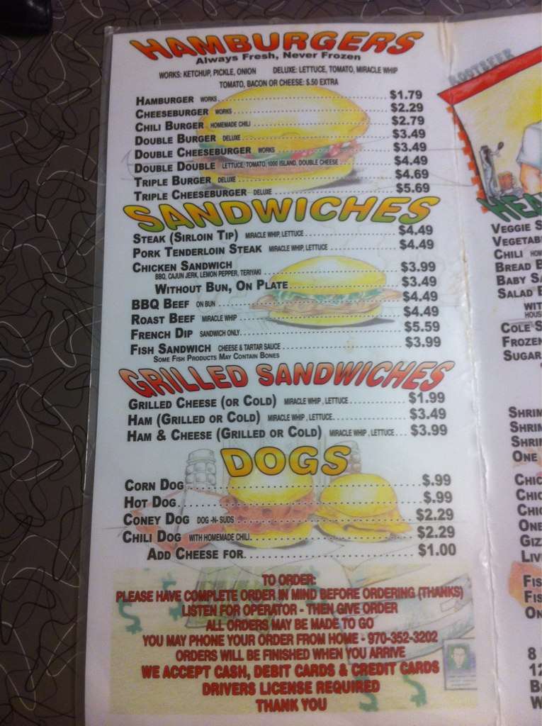 J.B.'s Drive In Menu, Menu for J.B.'s Drive In, Greeley, Northern