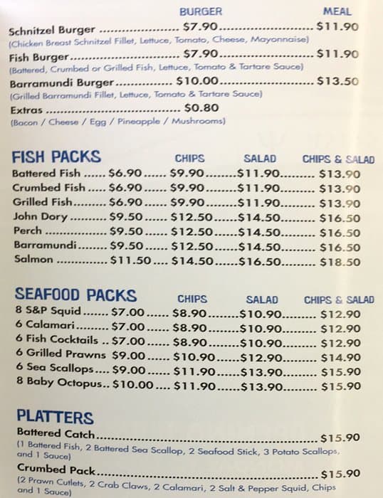 Menu at Poseidon's Catch restaurant, Lane Cove