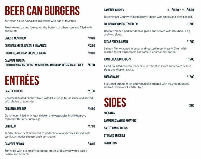 Menu at Campfire Grill restaurant, Massanutten, Delwebb Dr