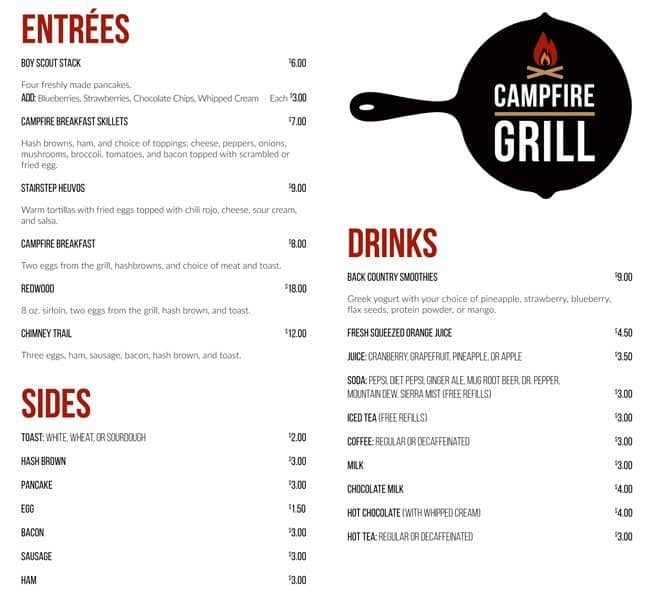 Menu at Campfire Grill restaurant, Massanutten, Delwebb Dr