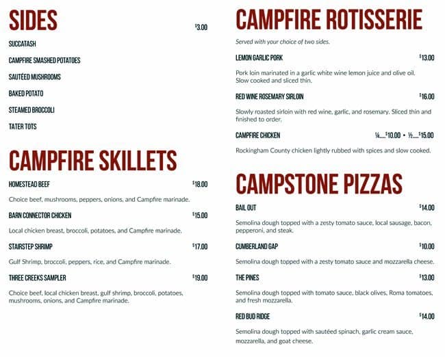 Menu at Campfire Grill restaurant, Massanutten, Delwebb Dr
