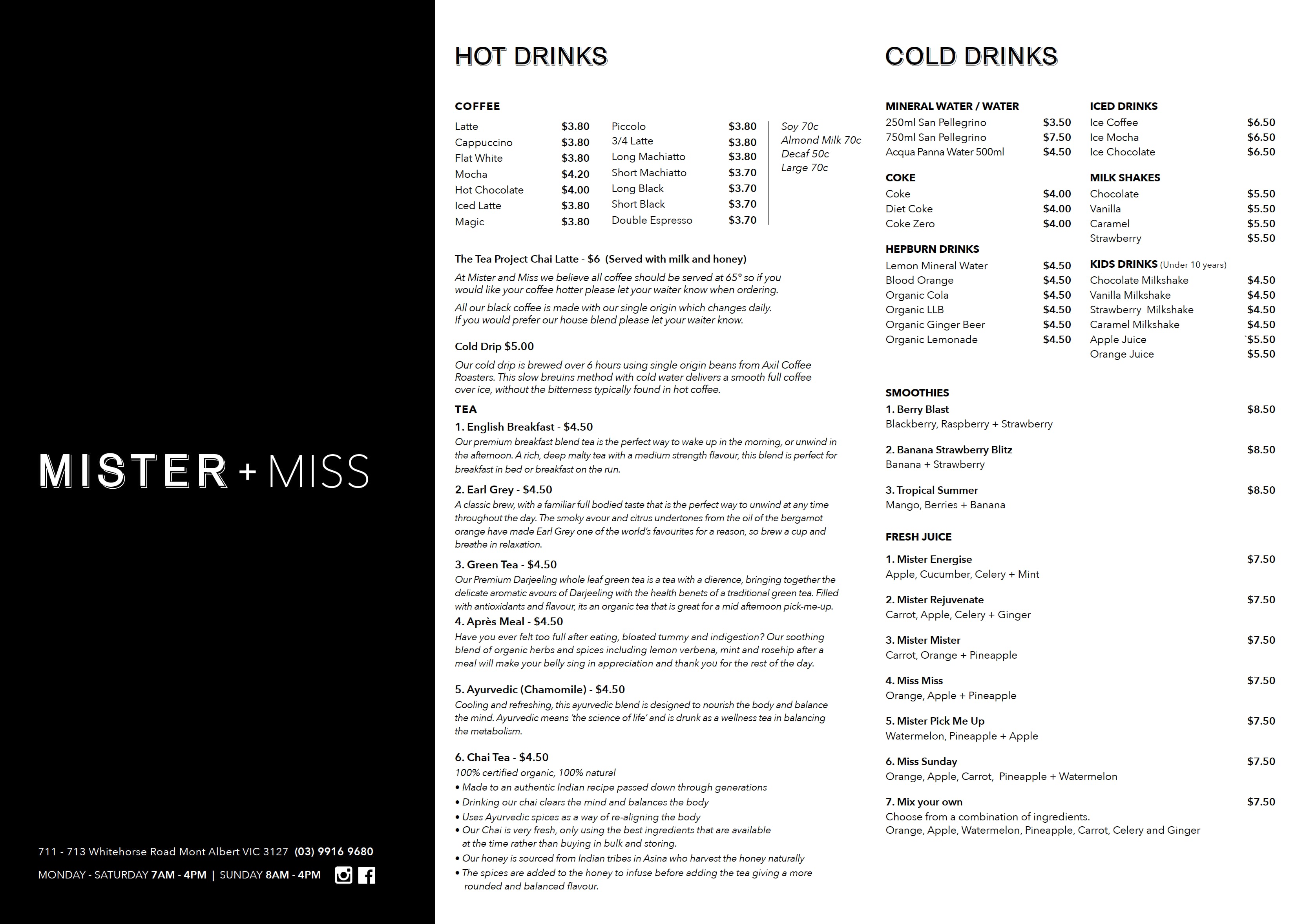 Menu at Mister and Miss cafe, Mont Albert