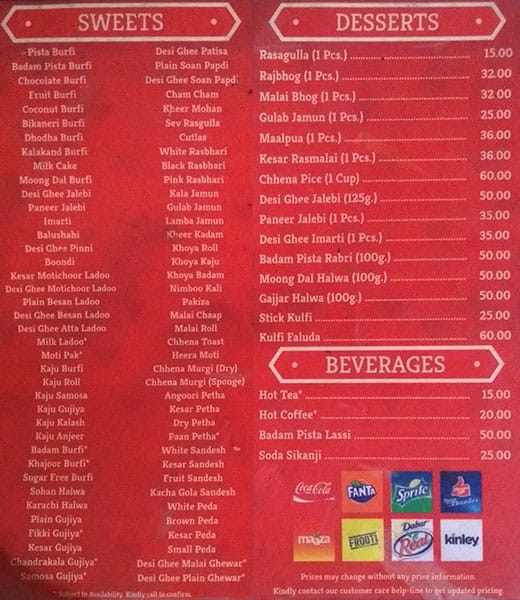 Aggarwal Bikaneri Sweets menu