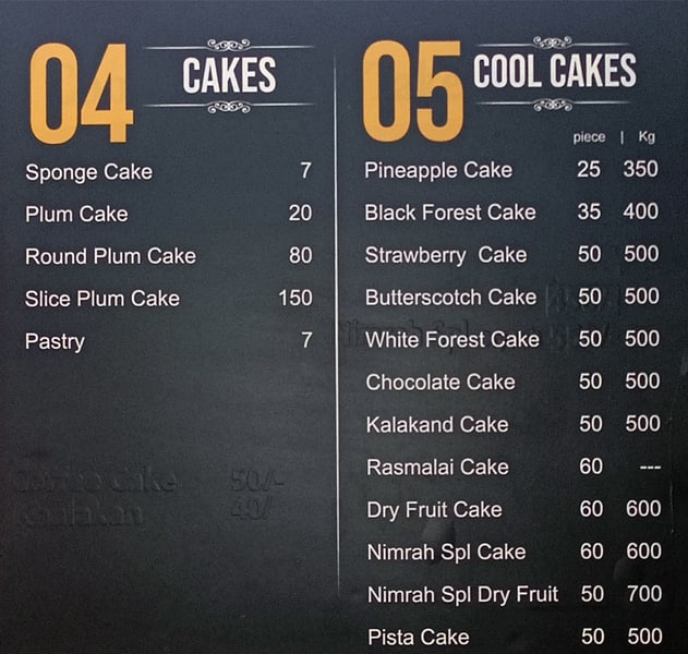 Nimrah Cafe & Bakery menu