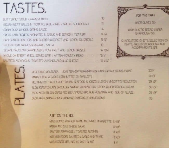 Carta de Melting Pot Bar & Bistro, Chatswood