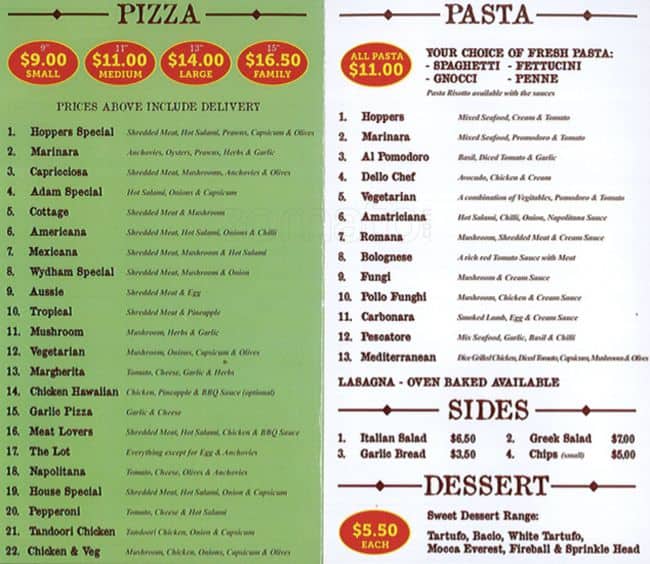 Hoppers Pizza & Pasta Menu Urbanspoon/Zomato