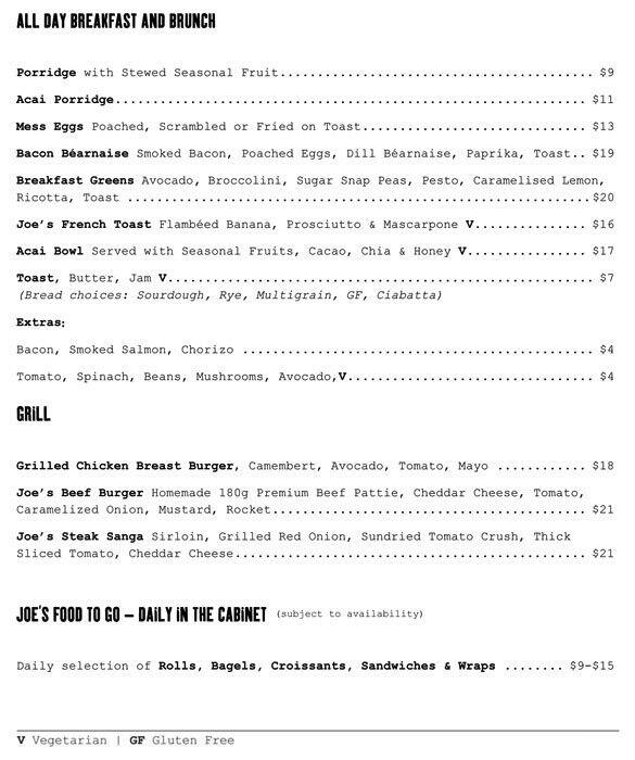 Menu at Uncle Joe's Mess Hall restaurant, Perth