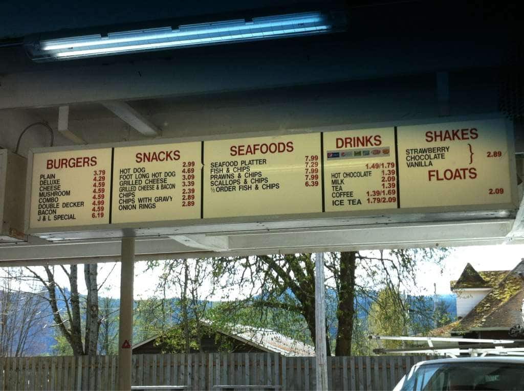 J &L Drive In Menu, Menu for J &L Drive In, Port Alberni, Port Alberni