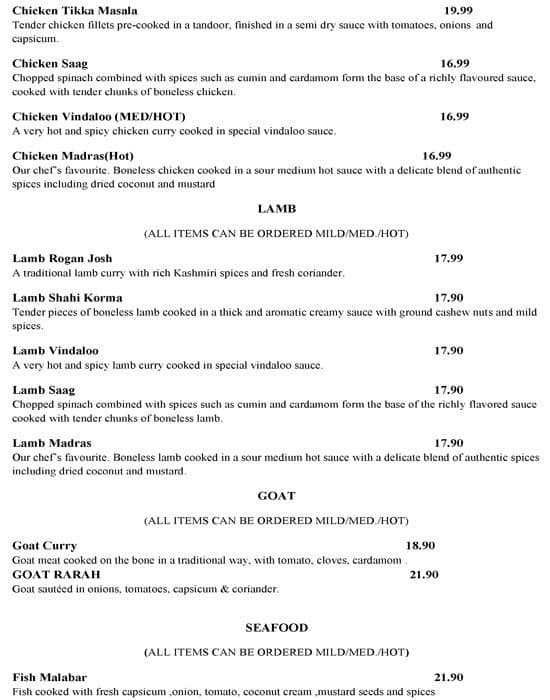 Menu at Masala Master restaurant, Drummoyne