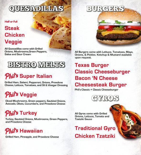 Menu at Phil's Philly Grill restaurant, Round Rock, N Interstate Hwy 35