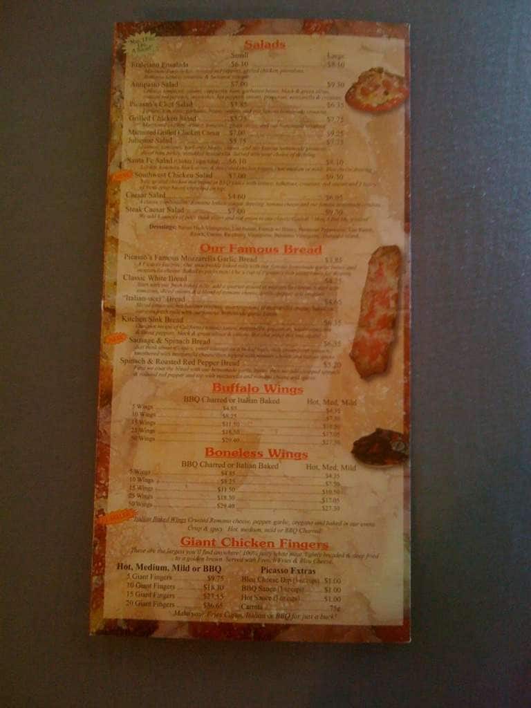 Menu at Picasso's Pizza pizzeria, West Seneca, Union Rd
