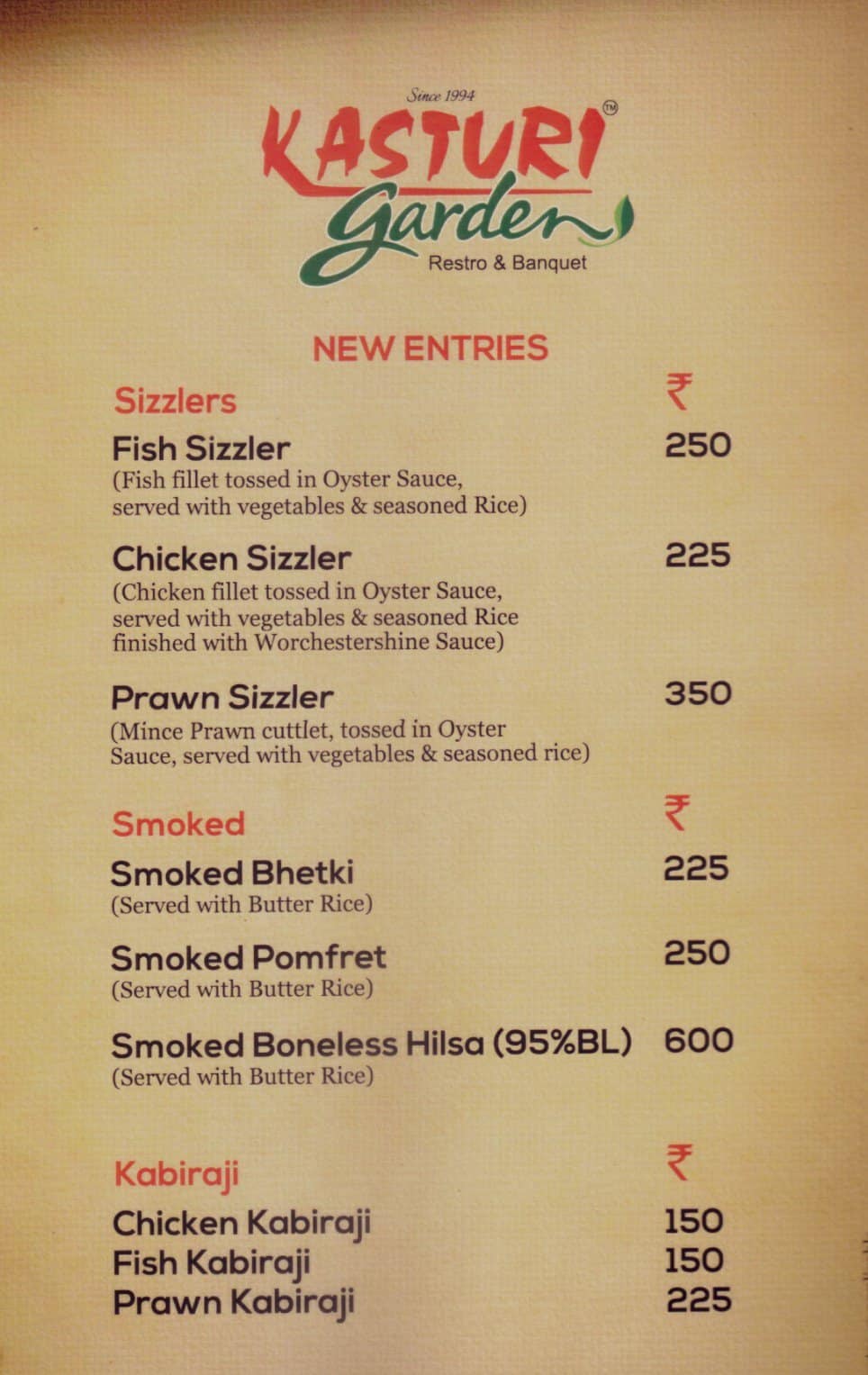 Kasturi Restaurant Menu Price List