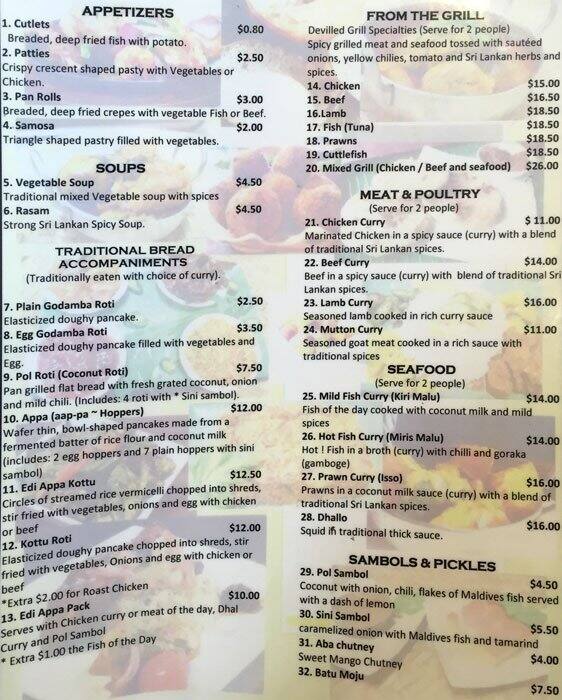 Hop & Spice Sri Lankan Cuisines menu Urbanspoon/Zomato