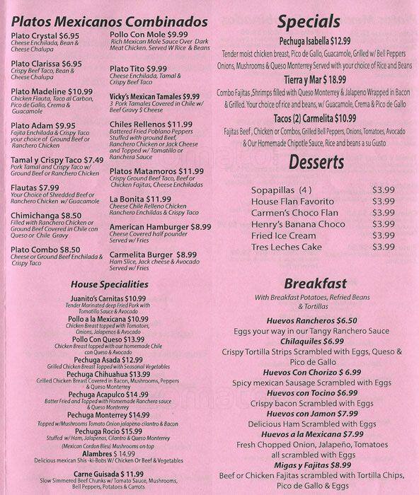 Menu at Carmelita's restaurant, Bellaire, Bellaire Blvd