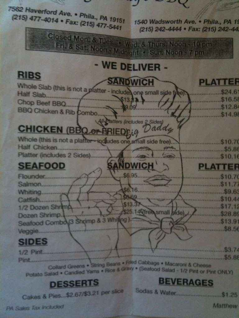 Big Daddy's BBQ Menu, Menu For Big Daddy's BBQ, Wynnewood, Montgomery ...