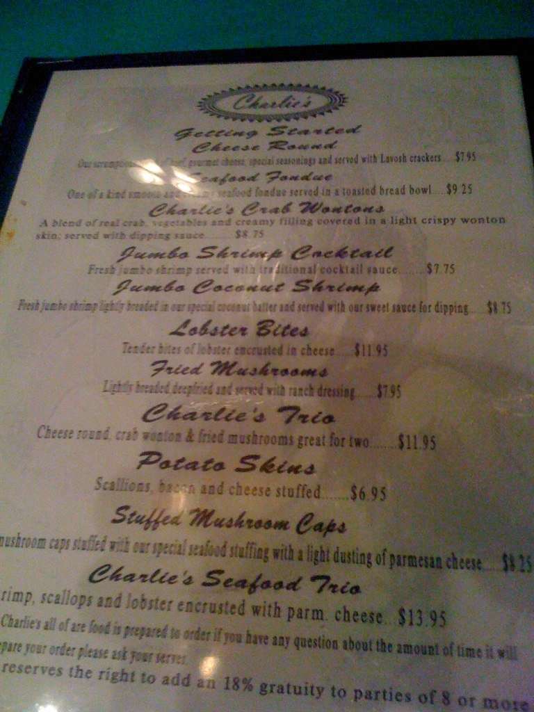 Charlies Steak & Seafood Menu Urbanspoon/Zomato