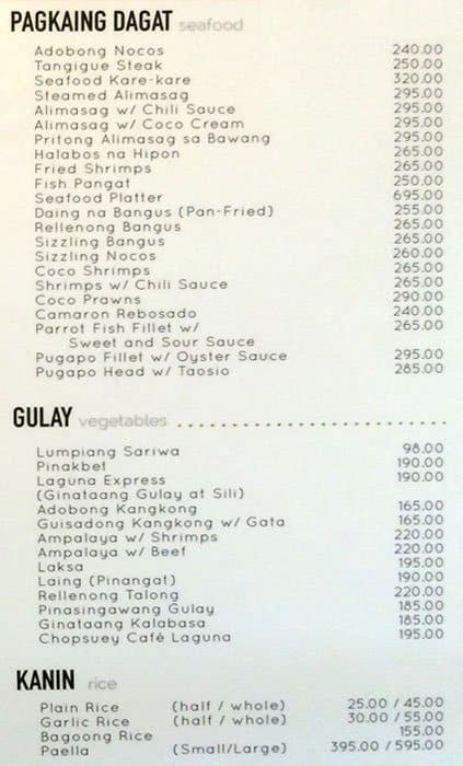 Menu at Café Laguna restaurant, Cebu City, SM City Cebu