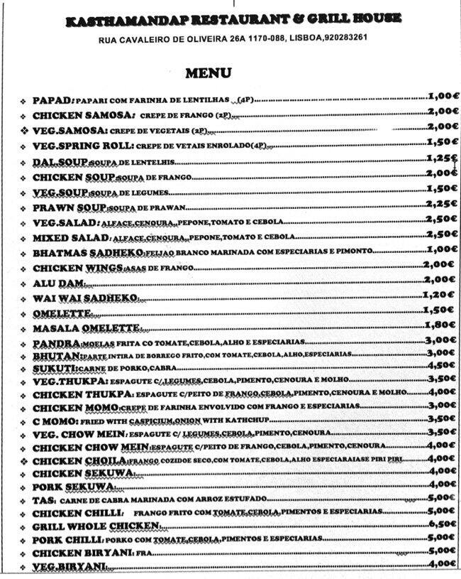Kasthamandap Restaurante & Grill House Menu Zomato Portugal