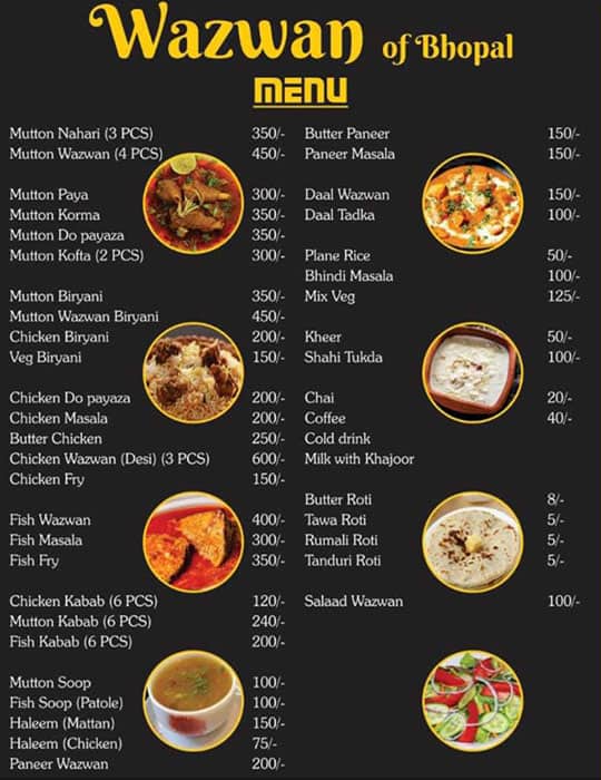 Menu at Wazwan Restaurant, Bhopal