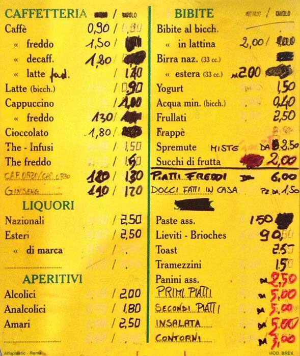 Menu di Bar Pompei 