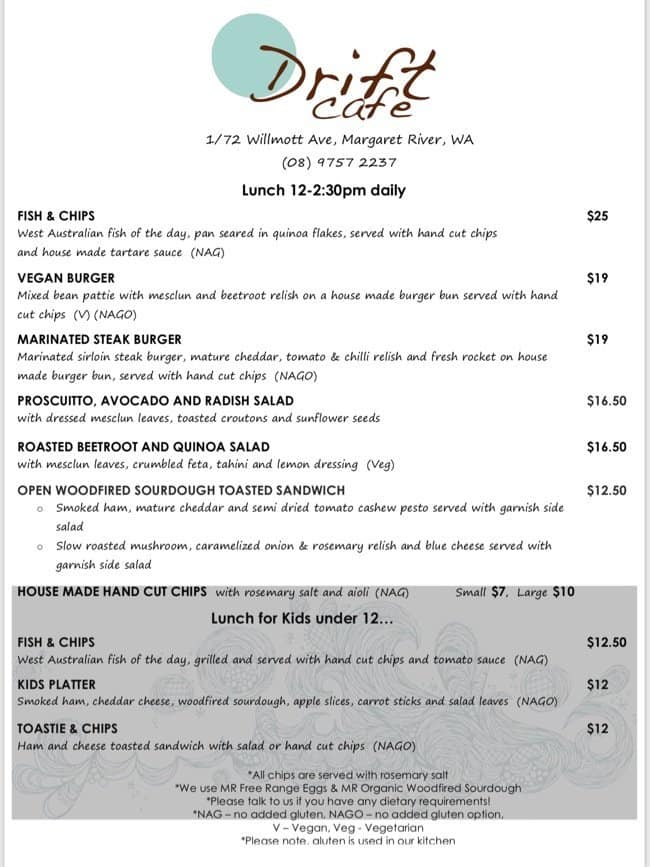 Menu at Drift Cafe, Margaret River