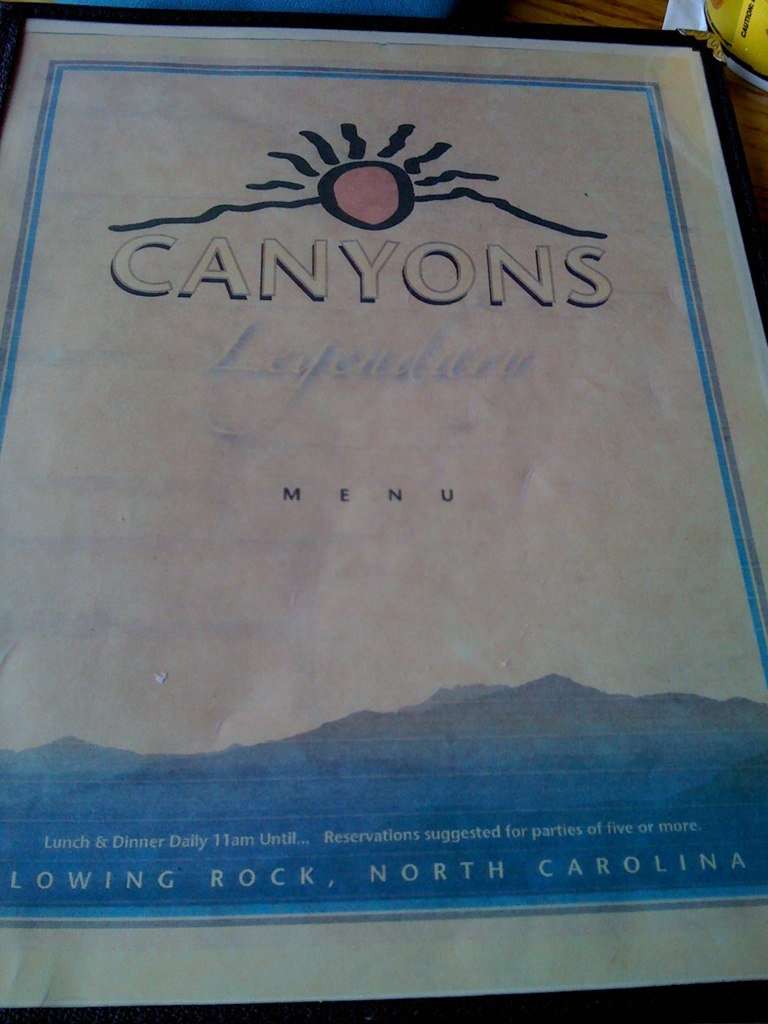 Canyons Restaurant Menu, Menu for Canyons Restaurant, Blowing Rock