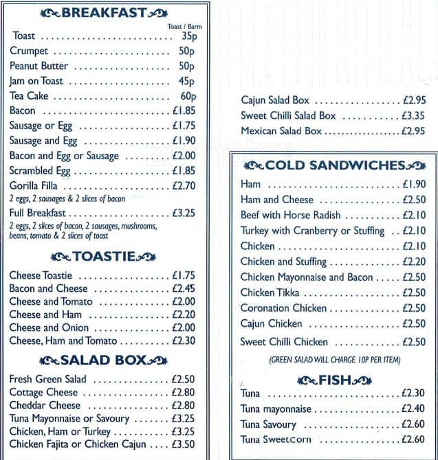 Menu at Vanilla Fudge Sandwich Shop fast food, Manchester, 61 Bridge St
