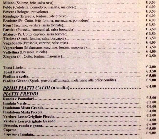 Menu di Bar Gitano 