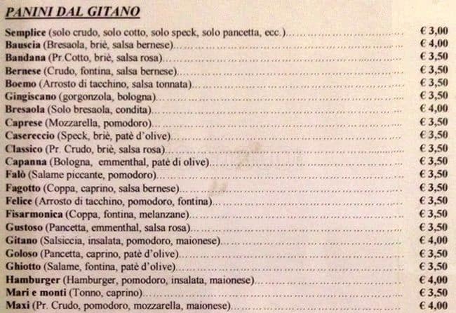 Menu di Bar Gitano 