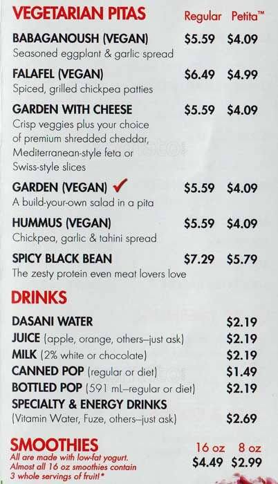 Menu at Pita Pit restaurant, Ottawa, 700 Eagleson Rd