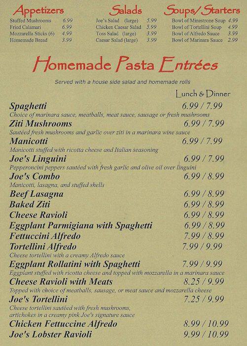 Joe's Italian Bistro Menu Urbanspoon/Zomato