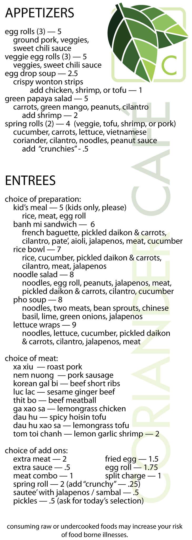 Menu at Coriander Café restaurant, Norman