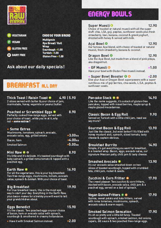 Raw Energy Menu, Menu for Raw Energy, Springfield, Brisbane